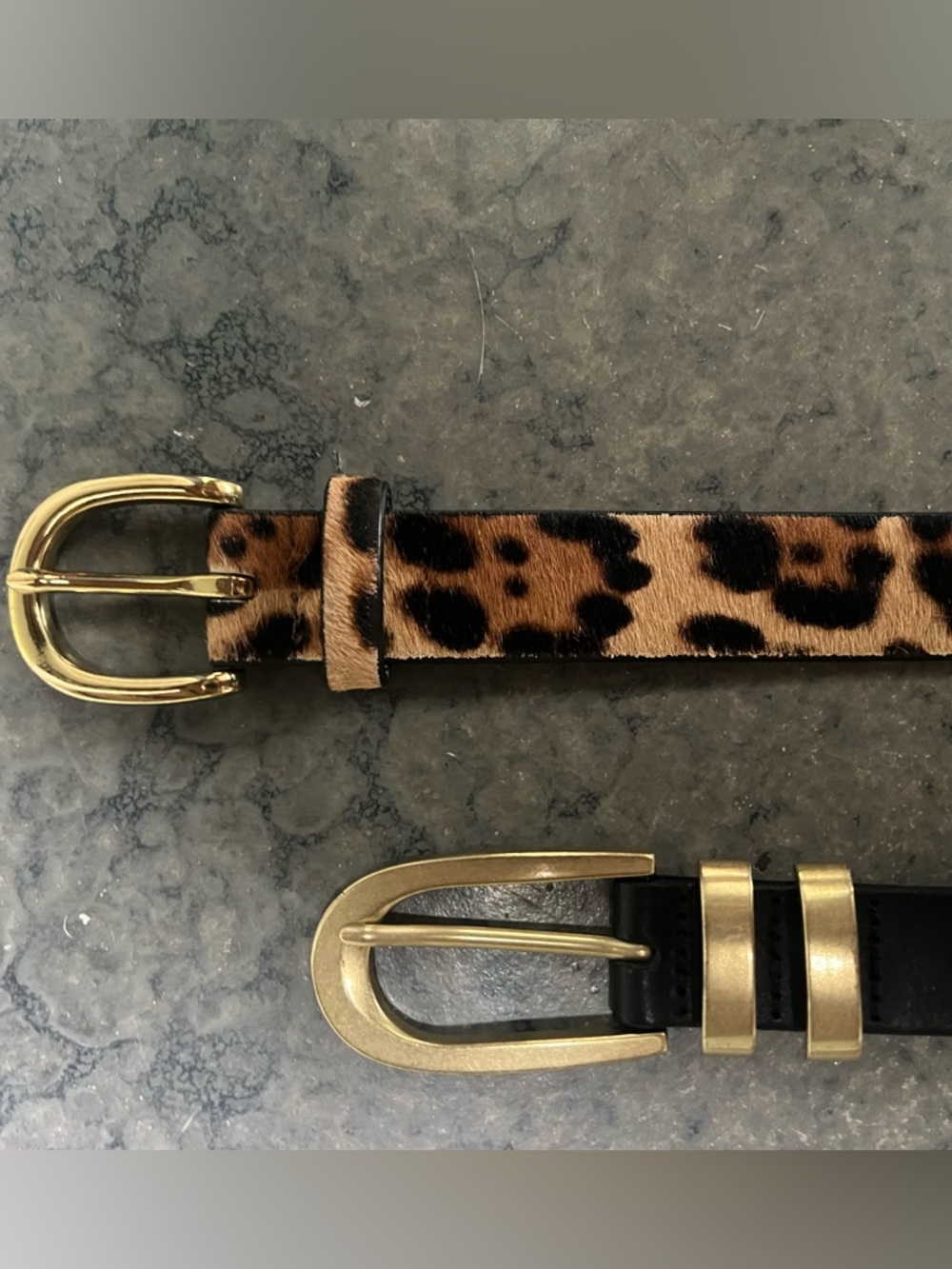 Two J. Crew leather belts…1 Leopard-Print Belt with Gold Buckle and 1 black
